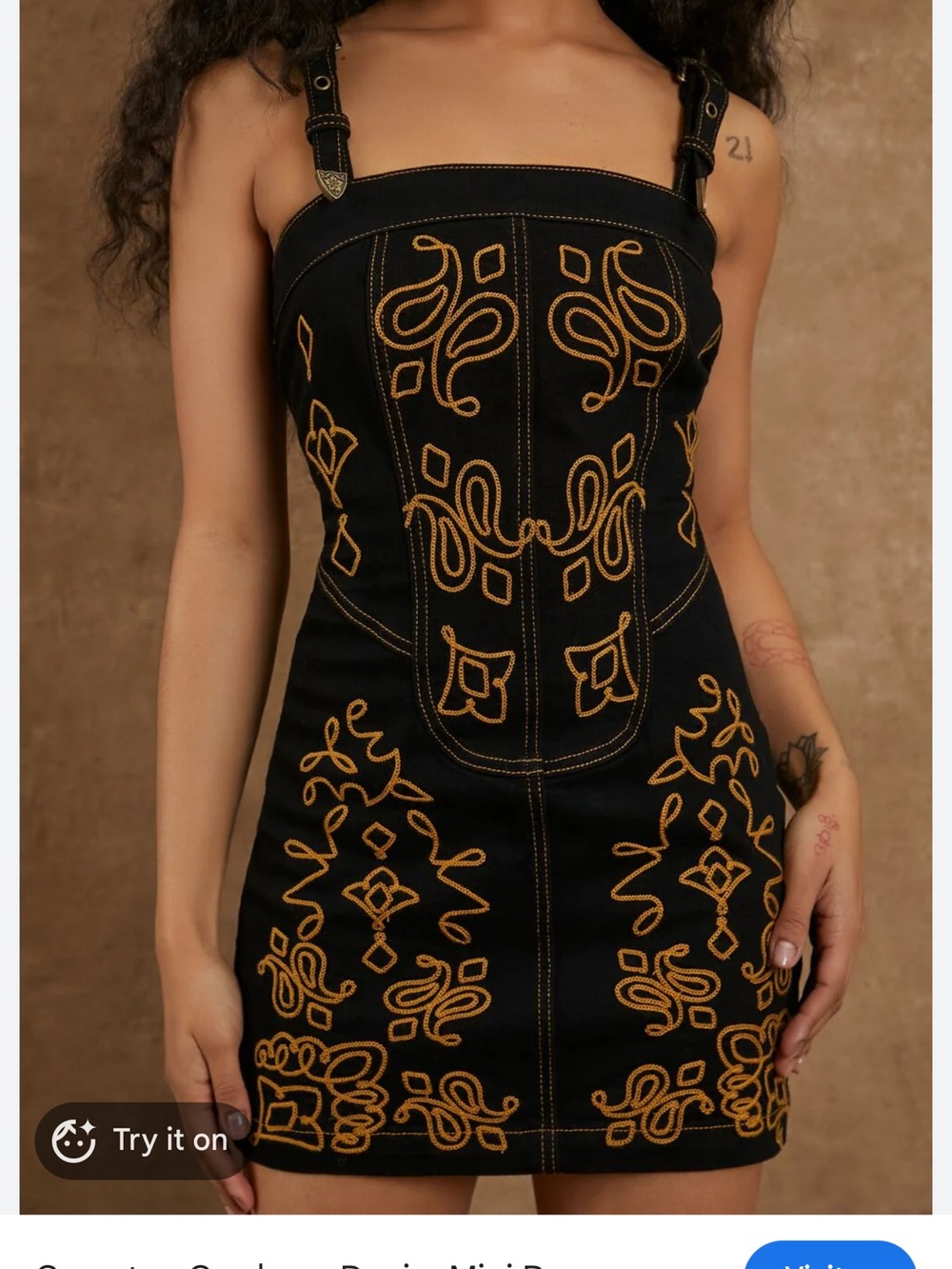 Black Embroidered Mini Dress with Gold Stitching Forever 21 x Compton Cowboys